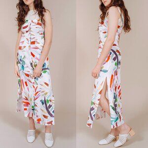 Mara Hoffman Linen Sheath Midi Maxi Dress Maui Palm Floral Print Button Front 10